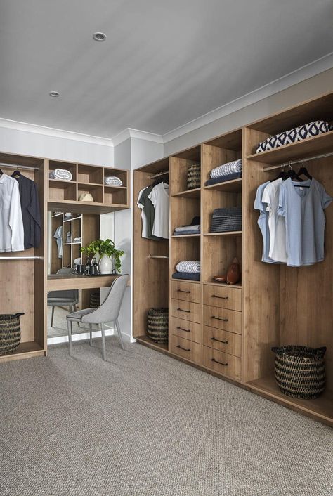 decorate walk in robe with oak joinery and built in desk area Walk In Robe Designs, Walk In Robe Ideas, Built In Desk And Shelves, A Walk In Closet, Walk Through Closet, Dressing Room Closet, Walking Closet, Dream Closet Design, Open Wardrobe