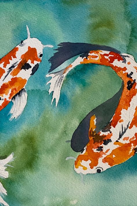 #koipond #watercolorkoi #watercolor #watercolorfish #waterpainting Koi Fish Pond Painting Watercolor, Watercolor Art Koi Fish, Koi Pond Watercolor, Koi Fish Watercolor Paintings, Koi Fish Painting Watercolors, Watercolour Koi Fish, Koi Watercolor Painting, Watercolor Art Fish, Pond Watercolor