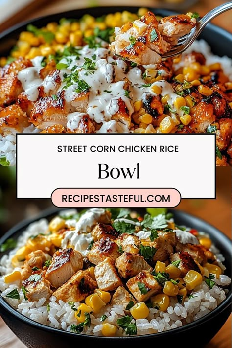 This vibrant and flavorful Street Corn Chicken Rice Bowl is a delightful blend of seasoned chicken, charred corn, black beans, and fresh toppings. Perfect for a quick weeknight dinner or a satisfying meal prep option, this dish is packed with taste and nutrition. Ww Street Corn Chicken Rice Bowl, Street Corn Chicken Rice Bowl Recipes Quickie, Mexican Corn Chicken Bowl, Mexican Street Corn Chicken And Rice Bowl, Southwest Chicken Rice Bowl, Chicken Beans And Rice Recipes, Chicken Black Bean Corn Rice Bowl, Beans Rice And Chicken, Chicken With Black Beans And Corn