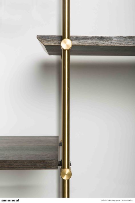 Beauty Shot of our Brass Piping in our Collector's Shelving System! Brass Shelving, Desk Units, Modular Office, Joinery Details, Brass Pipe, Shelving Design, Custom Kitchens, Dark Interiors, Shelving Systems