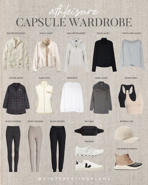 Fall Mountain Trip Wardrobe, 2024 Athleisure Trends, Athleisure 2024, Athleisure Outfits For Work, Athleisure Inspo, Clothes Capsule, Athleisure Capsule Wardrobe, Athleisure Capsule, Sporty Mom