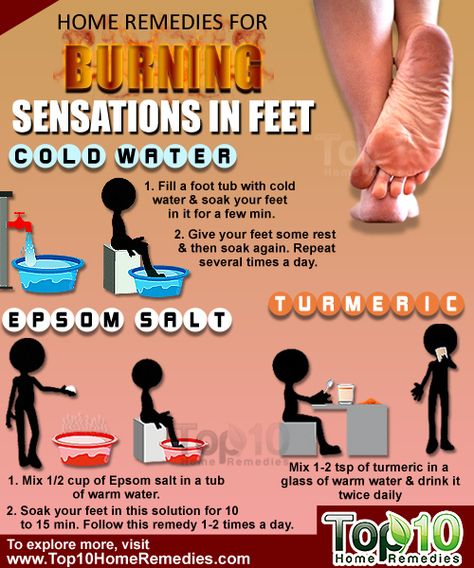 Prev post1 of 3Next Burning sensations in the feet is a very common problem and can affect people at any age. The burning sensations can range from mild to severe and can be acute or chronic in nature. Often, burning sensations in the feet is due to some kind of damage or dysfunction in the Nerve Pain Remedies, Natural Headache, Top 10 Home Remedies, Nerve Health, Natural Headache Remedies, Nerve Pain Relief, Foot Soak, Joints Pain Relief, Headache Relief