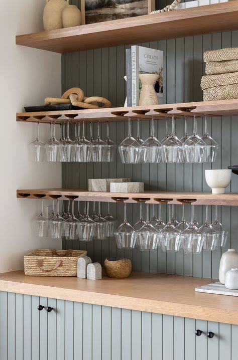 Lindye Galloway, Bar Nook, Wine Glass Storage, Bar Shelves, Glass Interior, Built In Bar, Wine Shelves, Transitional Living, Wine Glass Rack