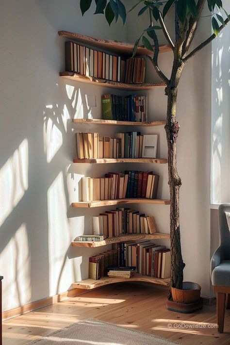 32 Corner Bookshelves That Look Amazing | GoDownsize Decorative Corner, Bookshelves In Bedroom, Corner Bookshelves, Bookshelf Design, Estantes Flotantes, Minimalist Designs, Home Library, Maximize Space, Minimalist Living Room