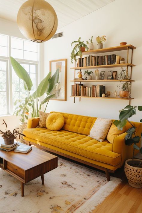 Muted Eclectic Living Room, Colorful Boho Design, Vibrant Color Interior Design, Living Room Decor Cozy Colorful, Lived In Living Room Decor, Boho Interior Style, Decorated Living Rooms Ideas, Gold Sofa Living Room Color Schemes, Whimsical Living Room Decor