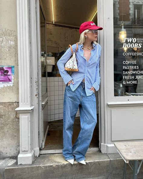 The cap is from my favourite vintage store - my grandpa’s closet . . . #streetwearbeast #streetwearblog #streetwearsource jeans heels… | Instagram Outfits With Caps For Women, Red Cap Outfit, Red Heels Outfit, Casual Heels Outfit, Black Mode, Casual Denim Outfits, Cap Outfit, Jeans Heels, Casual Fall Outfit