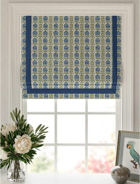 Block Print Blue Green Roman Shade Blue Green Fabric Roman Shade Silk Road Asian Fan Green and Blue Window Shade Kitchen Sink Shade - Etsy Roman Shade Double Window, Playroom Roman Shades, Roman Shade With Trim, Blue And Green Interior Design, Curtain Ideas For Kitchen, Inside Mount Roman Shade, Outside Mount Roman Shades, Kitchen Roman Shades, Roman Blinds Kitchen