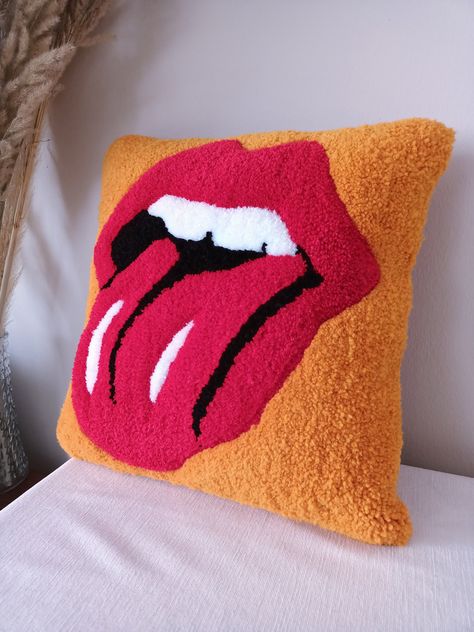 Funky Decorative Pillows, Funky Bed Pillows, Punch Embroidery Pillow, Funky Throw Pillow, Tufted Clothes, Tuft Pillow, Tufting Pillow, Cool Throw Pillows, Retro Cushions