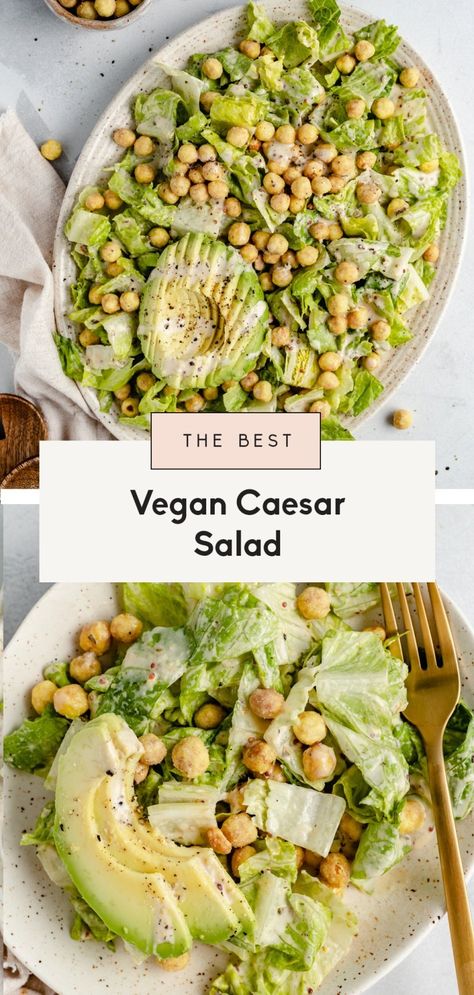 Fresh & delicious vegan caesar salad made with crisp romaine lettuce, crunchy roasted chickpeas, creamy avocado and the best vegan caesar dressing. This simple vegan caesar salad recipe is the perfect lunch on its own and makes a wonderful side for your favorite main dishes! Vegan Caesar Dressing, Vegan Caesar Salad, Vegan Caesar, Caesar Salad Recipe, Vegan Salad Recipes, Fun Salads, Caesar Dressing, Vegan Salad, Roasted Chickpeas