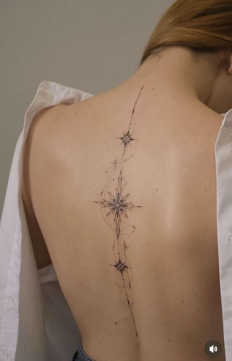 Star Tattoos Spine, Star Tattoo On Back Of Neck, Spine On Spine Tattoo, Constilation Tattoo Back, Snowflake Spine Tattoo, Lightning Bolt Spine Tattoo, Universe Spine Tattoo, Constellation Tattoo Spine, White Ink Spine Tattoo