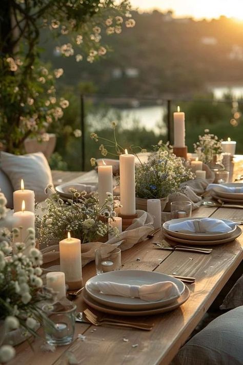 Outside Dinner Table Setting, Farm Table Dinner Party, Wedding Decor Simple Outdoor, Zen Table Setting, Lunch Decorations Table Simple, Grapevine Table Decor, Outdoor Tablescapes Ideas, Table Decor For Parties, Minimalist Spring Wedding Decor