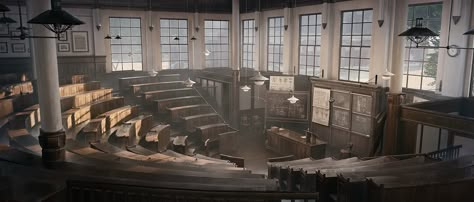 FZD School of Design Classroom Concept Art, School Concept Art, Fantasy Schools, Dr Mundo, School Magic, Lecture Hall, Magic Academy, Wizard School, School Interior