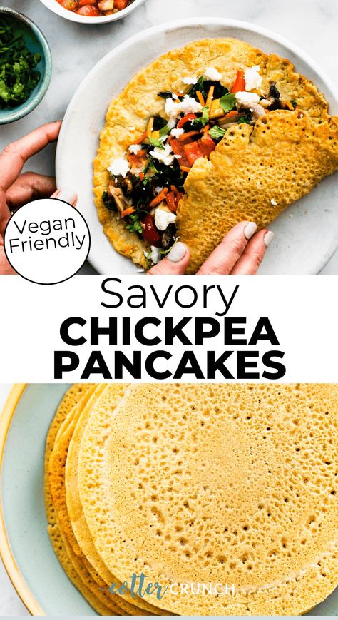 These Savory Chickpea Pancakes are made with minimal ingredients for a flourless recipe that’s gluten-free, high fiber, and full of plant-based protein. Paired with savory fillings, they’re perfect for breakfast, brunch, dinner, and everything in between! Chickpea Pancakes Vegan, Legume Recipes, Chickpea Pancakes, High Fiber Breakfast, Pancakes Vegan, Plant Based Recipes Breakfast, Vegan Breakfasts, High Protein Vegan Recipes, Vegan Brunch