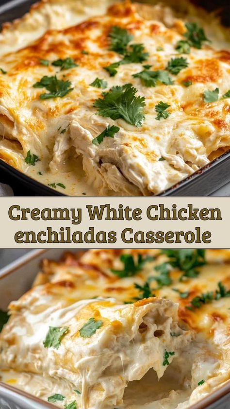 Creamy White Chicken enchiladas Casserole White Chicken Enchilada Casserole Easy, Creamy White Chicken Enchilada Casserole, Easy White Chicken Enchilada Recipe, White Chicken Enchilada Bake, Easy Creamy White Chicken Enchiladas, Best Chicken Enchiladas With White Sauce, White Chicken Chili Casserole, White Turkey Enchiladas, White Enchiladas Healthy