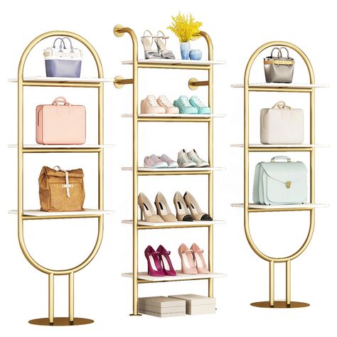 Bag Display Shelf, Gold Shoe, Metal Display, Bag Display, Shop Furniture, Floral Logo, Gold Shoes, Display Shelf, Display Rack