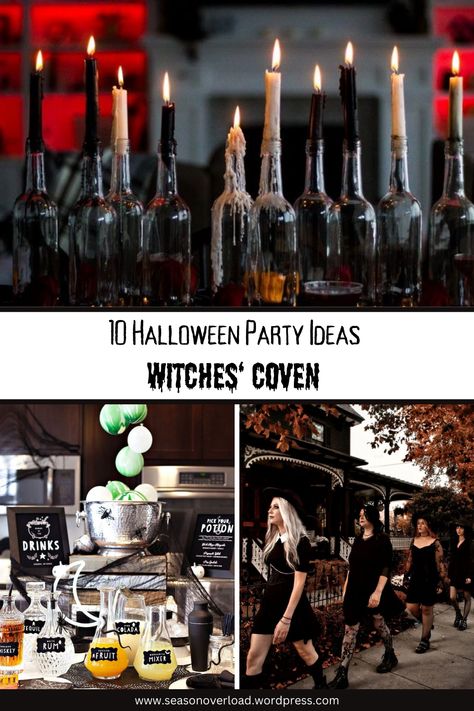 Witch And Wine Party, Witches Coven Aesthetic, Witch Coven Halloween Party, Witch Party Activities For Adults, Witch Inspired Halloween Decor, Witch Halloween Craft, Coven Theme Party, Witches Ball Party, Witch Coven Halloween Decorations