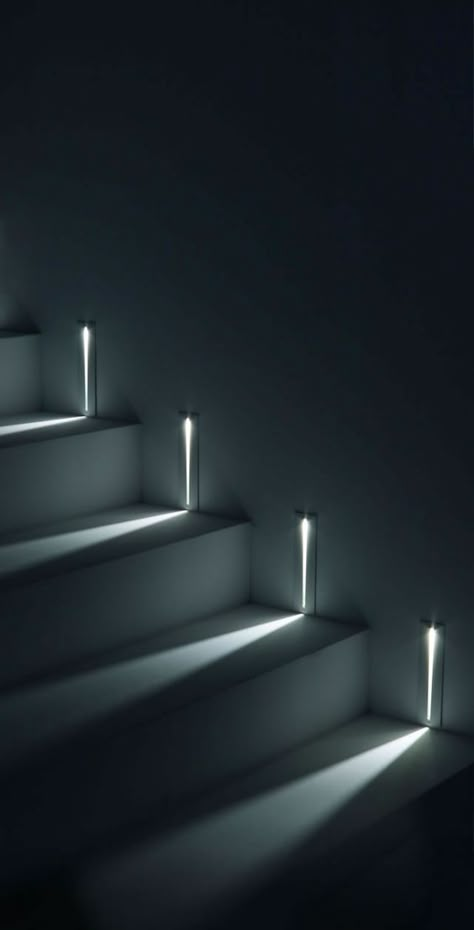 Light beams mark the way on a staircase Staircase Lighting Ideas, درج السلم, Led Stair Lights, Blitz Design, Stairway Lighting, Stair Lights, Staircase Wall, Recessed Wall Lights, Staircase Lighting