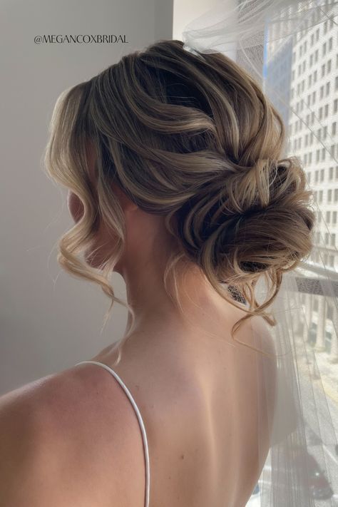 Wedding Hair Inspo Low Bun, Romantic Bun Wedding Hair, Loose Bun Updo Wedding, Grad Bun Hairstyles, Bridal Up Hairstyles, Hair Up For Bridesmaids, Beach Bridal Hair Updo, Low Bun Wedding Hair Long Hair, Bridal Hair Messy Bun With Veil