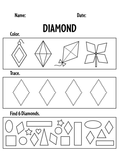 Diamond Tracing Worksheet, Diamond Craft For Preschool, Shape Diamond Preschool, Diamond Shape Worksheets For Preschool, Rhombus Worksheet Preschool, Diamond Worksheet Preschool, Diamond Shape Activities For Preschool, Diamond Shape Crafts Preschool, Diamond Crafts Preschool