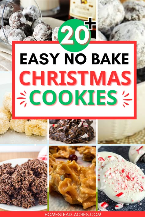 Looking for holiday treat ideas that don't require baking? Try these no bake Christmas cookies! Perfect for busy schedules, these easy desserts will save you time and stress. From no bake chocolate cookies to other simple peppermint Christmas cookie recipes, you’ll find a festive treat that everyone will love. These holiday treats are a hit at parties and family gatherings. Get ready to impress with no bake holiday treats. No Bake Cookies With Marshmallows, Non Cookie Christmas Treats, No Bake Christmas Cookies Recipes, Large Batch Christmas Treats, Christmas Cookies Without Eggs, Christmas No Bake Recipes, Non Bake Christmas Treats, Easy Xmas Cookies Simple, Easy Holiday Cookies Simple