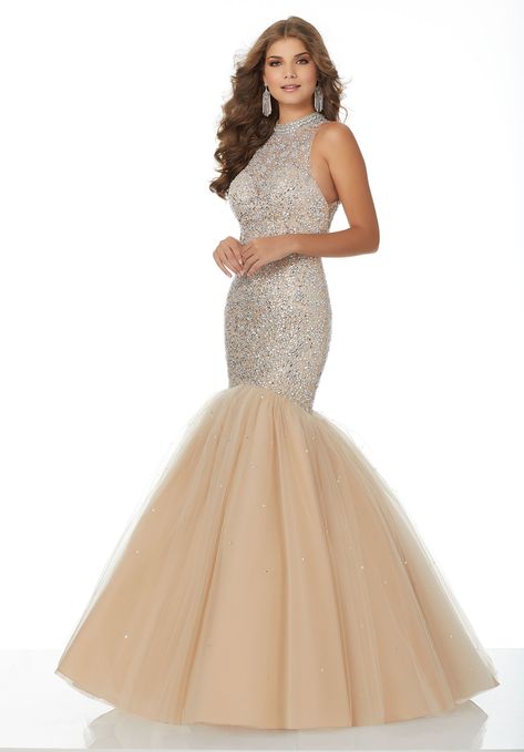 Utra Glam Mermaid Gown Featuring a Fully Beaded Bodice with High Neckline and Open Back Keyhole Back Dress For 2022, Evening Gown Ideas, Gowns Pageant, Designer Prom Dress, Neon Prom Dresses, Morilee By Madeline Gardner, Sparkly Dresses, Madeline Gardner, Prom 2020