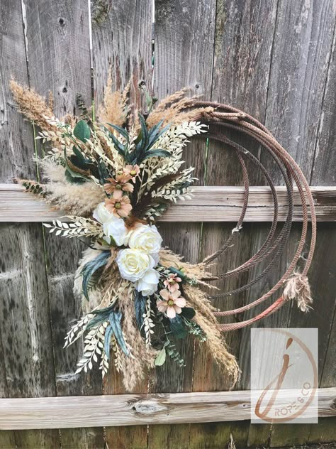 Rope Wreaths — jamesonropeco.com Lariat Rope Wreath Diy, Wreath On Wagon Wheel, Everyday Wreaths For Front Door Rustic, Old Rope Wreath, Laso Rope Wreath, Diy Lasso Wreath, Country Wreaths For Front Door, Western Lasso Wreath, Western Wreaths For Front Door Rustic