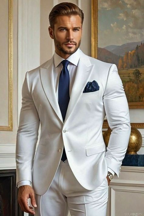 White And Blue Suit, Mens Lifestyle Fashion, Mens White Suit, Suit Combinations, Mens Casual Outfits Summer, Wedding Suits Groom, Dress Suits For Men, Fashion Suits For Men, African Men Fashion