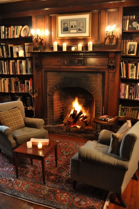 Classical Room Interior, Home Decor Ideas Bookshelves, Home Library Fireplace, Home Library Layout, English Room Decor, Books Fireplace, Cozy Fireplace Room, Cozy Home Library Ideas, Cozy Living Room With Fireplace