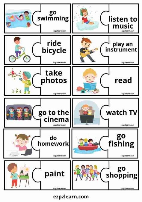 English Vocabulary Games, Freetime Activities, Teach English To Kids, Free Time Activities, English Teaching Materials, English Activities For Kids, Learning English For Kids, English Games, Match Game