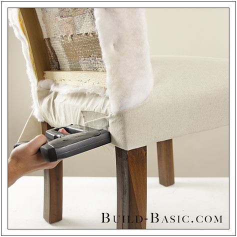 How To Re-Cover a Dining Chair Part 1 by Build Basic - Step 11 Upholstered Chairs Diy, Refurbished Chairs, Dining Chair Makeover, Dining Chairs Diy, Reupholster Chair Dining, Dining Chair Upholstery, Dining Room Chair Covers, Chair Parts, Reupholster Chair