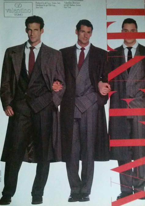 Valentino (1986). The Line-up. Yuppie Fashion 1980, 80s Mens Suit, 80s Yuppie Fashion, Valentino Suit Men, 80s Yuppie Aesthetic, 80s Suits Men, 80s Businessman, Yuppies Fashion, Suits 90s