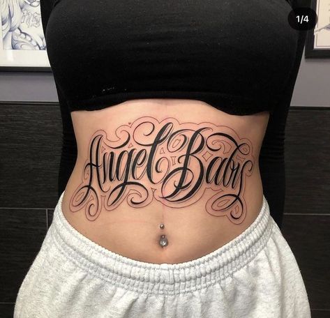 Angel Baby Tattoo, Girl Stomach Tattoos, Letters Cursive, Stomach Tattoos Women, Baby Tattoo, Cute Simple Tattoos, Belly Tattoos, Tattoo Lettering Styles, Lettering Letters