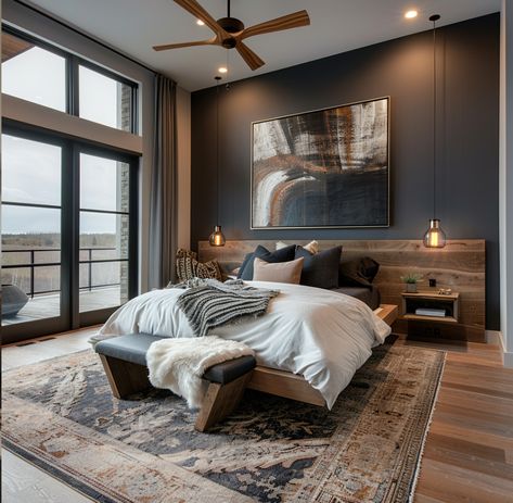 Farmhouse Mens Bedroom, Modern Cabin Bedroom Master Suite, Bedroom Dark Accent Wall, Dark Wood Floors Bedroom, Modern Cabin Bedroom, Muskoka Cottages, Deluxe Bedroom, Dark Modern Bedroom, Male Bedroom Ideas