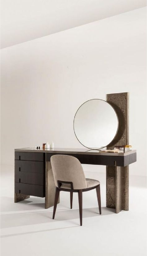 Table With Round Mirror, Lacquered Mirror, Luxury Vanity, Dresser Table, Dressing Table Design, Luxury Bedroom Design, Vanity Design, Vanity Table, Round Mirror