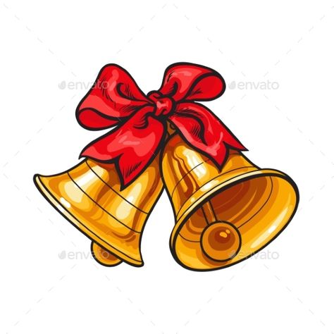 Golden Christmas bells with a red bow, cartoon vector illustration isolated on white background. Traditional pair of Xmas bells wi Christmas Bells Drawing, Bell Drawing, Christmas Decorations Drawings, Bow Cartoon, Red Bow Christmas, Background Traditional, Santa Cartoon, Xmas Bells, Cartoon Bow