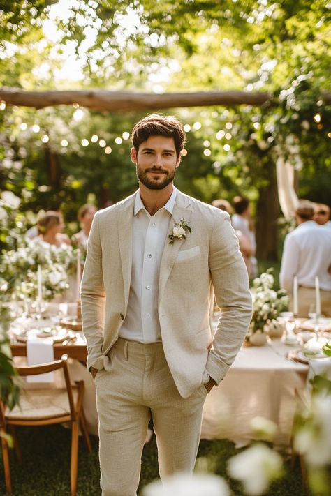 Discover casual groom outfit ideas for backyard weddings that blend style and comfort! Create a relaxed yet sophisticated vibe for your celebration with these trendy looks. Perfect for warm, intimate moments. Save this pin for inspiration!  #GroomStyle #BackyardWedding #WeddingOutfits #CasualWedding #WeddingInspo #GroomWear #RelaxedCelebration #OutdoorWedding #WeddingPlanning #StylishGroom #WeddingIdeas #GroomAttire #TrendyGroom #WeddingFashion #NuptialLooks Groom Suits Summer Wedding, Boho Chic Groom Attire, Sandy Suit Wedding, Beige Linen Suit Men Wedding, Boho Elopement Groom Attire, April Wedding Groomsmen, Groom Attire No Tie, Wedding Ideas For Men Casual, Groomsmen Attire September Wedding