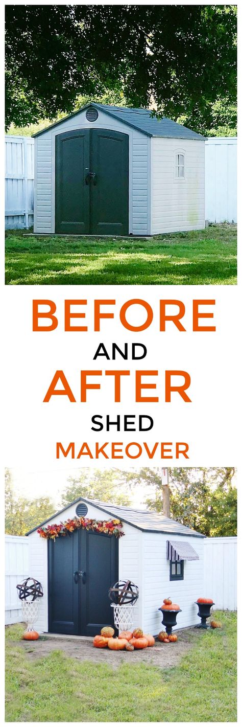 Have you ever thought about making over your garden shed? Here's a before and after of how we transformed our garden shed with paint and a new awning. #outdoordecor #outdoorinspirations #gardenshed #gardenshedideas #gardensheddesigns #beforeandafter #paint #diyhomedecor Decorate A Shed Exterior, Decorating A Shed Exterior, Outdoor Shed Decorating Ideas, How To Decorate A Shed Outside, Decorating Outside Of Shed, Decorate Shed Exterior, Resin Shed Makeover, Outdoor Shed Decor, Cute Garden Shed Ideas