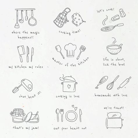 Chef Doodle Art, Small Baking Tattoo Ideas, Small Baking Tattoo, Kitchen Line Drawing, Kitchen Doodle Art, Cooking Tattoo Ideas For Women, Kitchen Tattoo Ideas, Baking Drawings, Cooking Tattoo Ideas