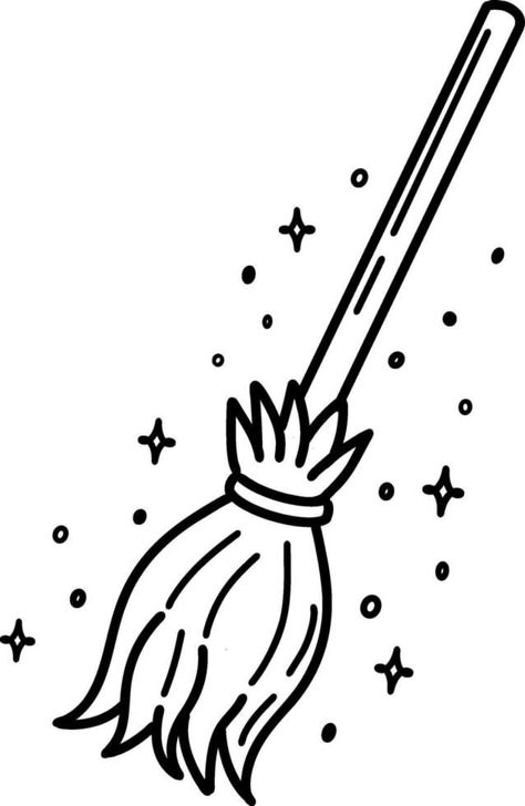 A hand-drawn broom for Halloween. Witch's broom with a long handle, vector illustration, highlighted on a white background. A stick from a witch's broom. This item is an accessory for Halloween How To Draw A Witches Broom, Broom Stick Drawing, Witches Broom Drawing, Broom Stick Tattoo, Halloween Drawings Witch, Broom Doodle, How To Draw A Witch, Witch Broom Drawing, Broomstick Drawing