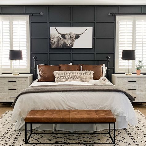 Master Bedroom Batten Board Accent Wall Hack Batten Board, Прикроватные Тумбочки, Accent Wall Bedroom, Bedroom Accent, Remodel Bedroom, Master Bedrooms Decor, Dark Color, Bed Room, My New Room