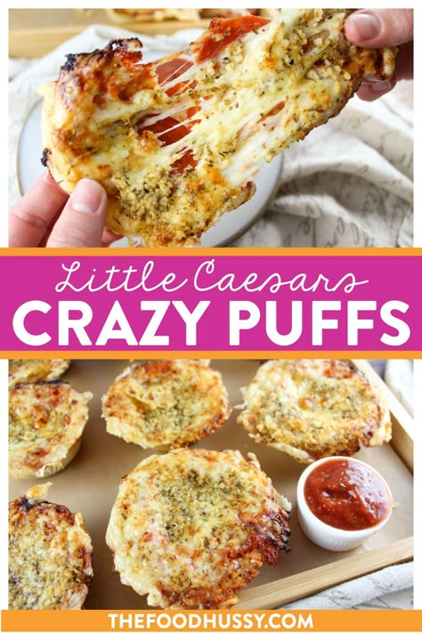 Little Caesars Crazy Puffs are the newest menu item taking social media by storm! Bites of handheld goodness filled with cheesy pepperoni pizza toppings! But guess what - you can make them at hot-n-ready AT HOME for less $$! Cupcake Pizza Bites, Little Caesar’s Pizza Puffs, Crazy Puffs Pizza, Homemade Pizza Puffs, Little Caesars Crazy Puffs Recipe, Crazy Puffs Recipe, Little Cesar’s Crazy Puffs, Little Ceasars Puffs, Crazy Puffs Little Caesars