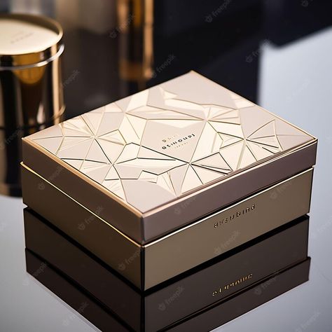 Premium AI Image | a box of perfume is on a table with a white and gold box. Luxury Box Design, Wood Box Design, Luxury Box Packaging, Luxury Brochure, Box Wedding Invitations, Perfume Box, Gift Box Design, Promo Items, Sweet Box