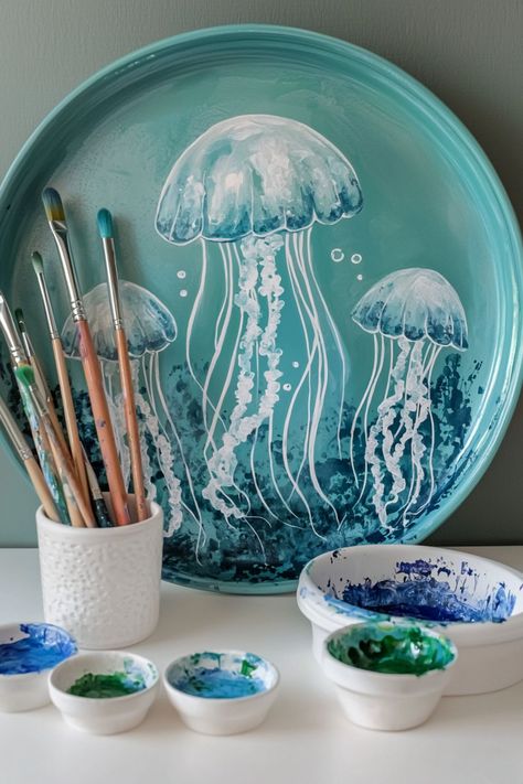 Pottery bowl painted with delicate, flowing jellyfish in blue and white tones. Aesthetic Ceramic Painting Ideas, Pottery Plate Ideas Design, Under The Sea Pottery Painting, Plate Inspo Paint, Sea Themed Pottery Painting, Aesthetic Plate Painting, Beach Themed Pottery, Simple Jellyfish Painting, Jelly Fish Clay