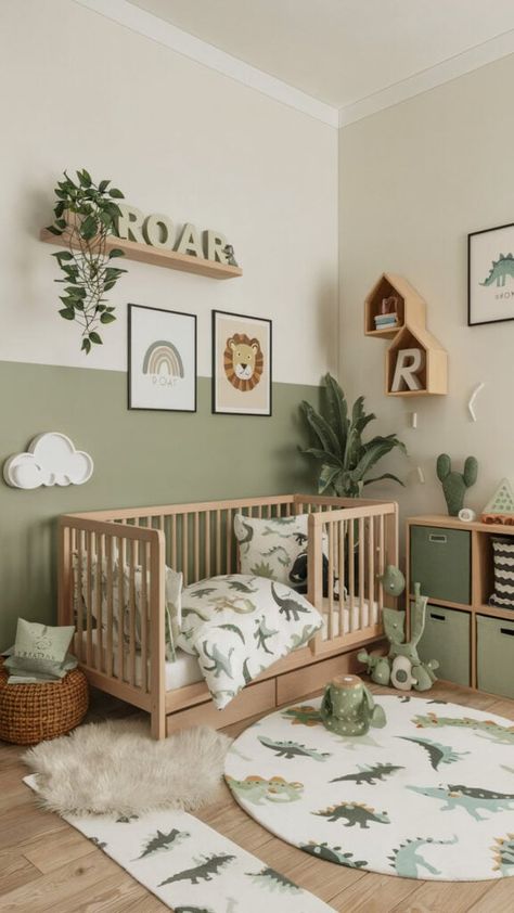 Green Animal Themed Nursery, Simple Nursery Paint Ideas, Nursery Ideas Painting, Irish Nursery Theme, Boys Room Dinosaur Theme, Sage Green And Gray Nursery, Dino Nursery Ideas, Nursery With Green Accents, Jurassic Park Nursery