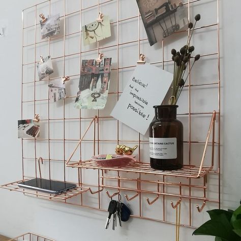 Metal Wall Grid, College Dorm Living Room, Rose Gold Office Decor, Rose Gold Room Decor, Framed Calendar, Grid Panel, Dorm Living Room, Metal Grid, Photo Wall Decor