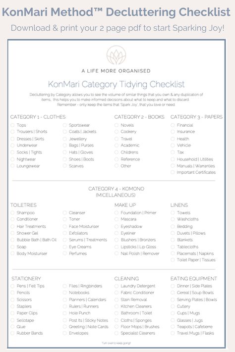 KonMari Checklist declutter your home the Marie Kondo way Konmari Decluttering Checklist, Declutter Life Checklist, Marie Kondo Declutter, Home Organization Categories, Marie Kondo Checklist, Marie Kondo Organizing Clothes, Uni Packing List, Organizing Categories, Clutterbug Butterfly