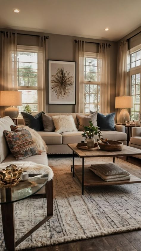 Living Room Colors Dark Floors, Rustic Mediterranean Decor Living Room, Light Brown Furniture Living Room, Light Brown Paint Living Room, Warm Cozy Home Aesthetic, Light Couch Living Room, Living Room Inspiration Color Schemes, Taupe Sofa Living Room Ideas, Living Room Inspiration Warm