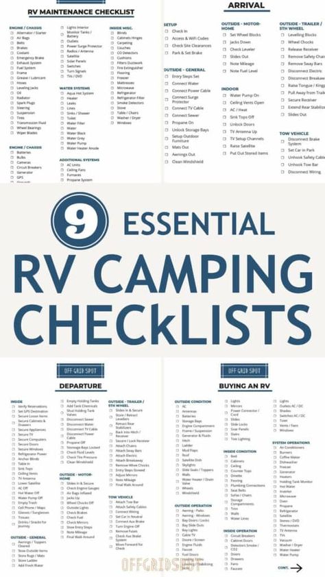 RV Checklists: 9 Most Essential Camping Lists (Download & Print for FREE) Rv Checklist Free Printable, Camping Lists, Camper Checklist, Rv Packing List, Camping Checklist Printable, Camper List, Rv Checklist, Rv Supplies, Rv Camping Checklist