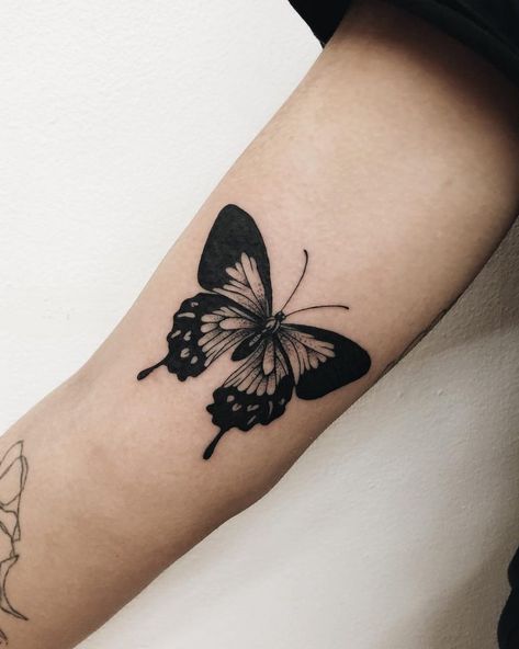 Black butterfly tattoo on the right arm by Finley Jordan Jordan Tattoo, Black Butterfly Tattoo, Initial Tattoo, Butterfly Tattoos, Butterfly Tattoo Designs, Waves Tattoo, Dream Tattoos, Pattern Tattoo, Black Butterfly