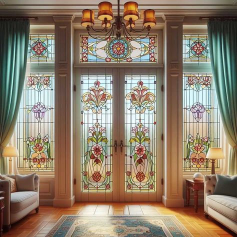 Stained Glass Doors Entrance, Glass Art Aesthetic, Door Window Covering Ideas, French Door Window Coverings, Cafe Board, Window Covering Ideas, French Door Windows, New Appartement, Door Window Covering